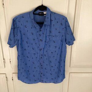 Disney Button Up Shirt Mens Size Med Blue Mickey Mouse All Over Hawaiian Print